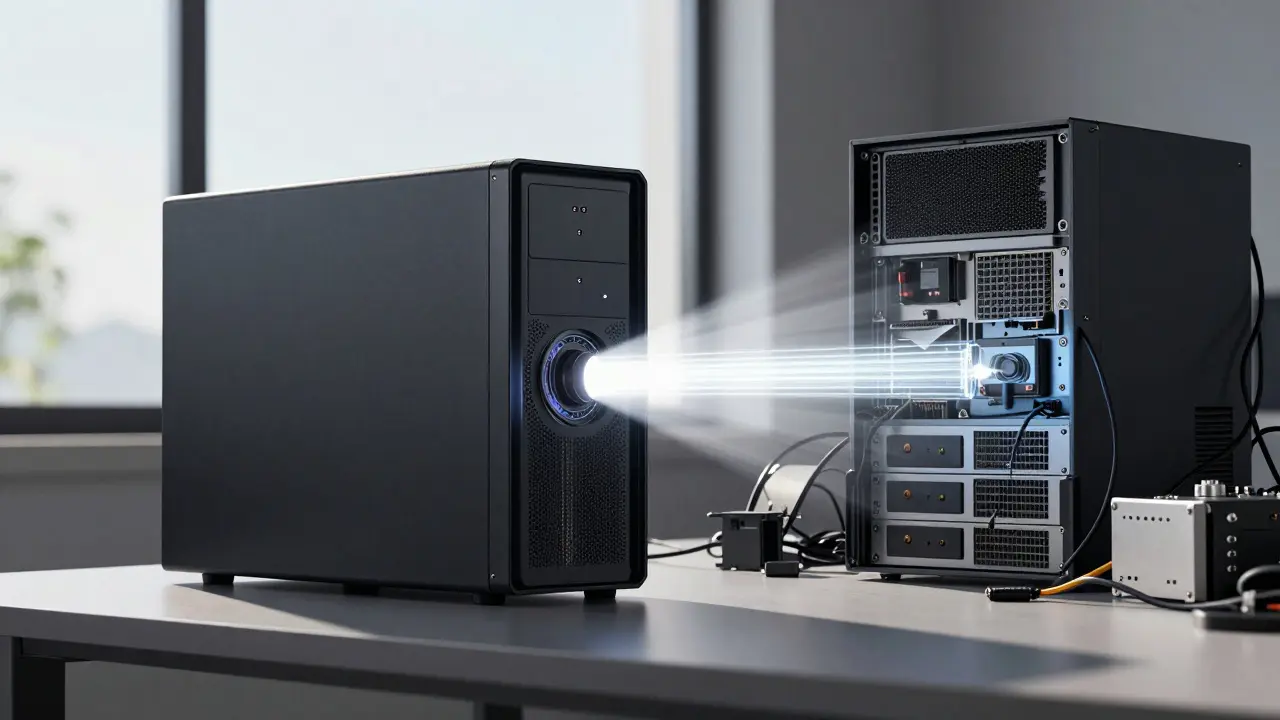 Sleek efficient server vs bulky tangled hardware on a desk
