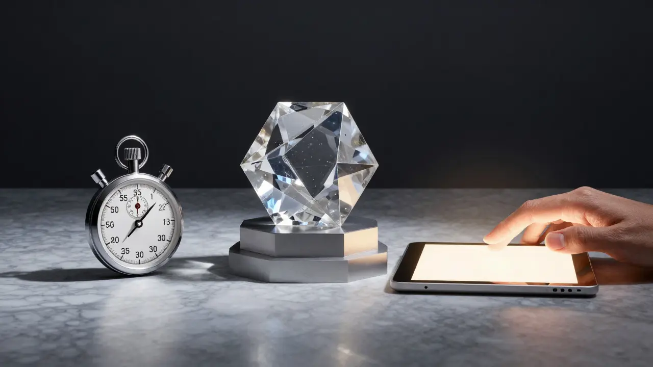 Stopwatch, crystal, and tablet representing layered AI testing pipeline