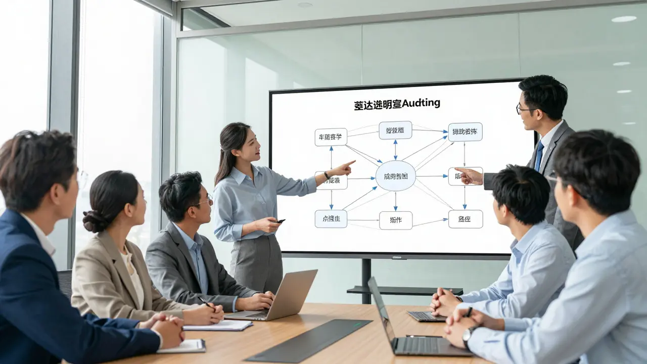 Team discussing data lineage charts in a modern office