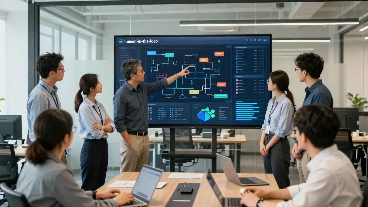 Team reviewing security workflows on interactive display