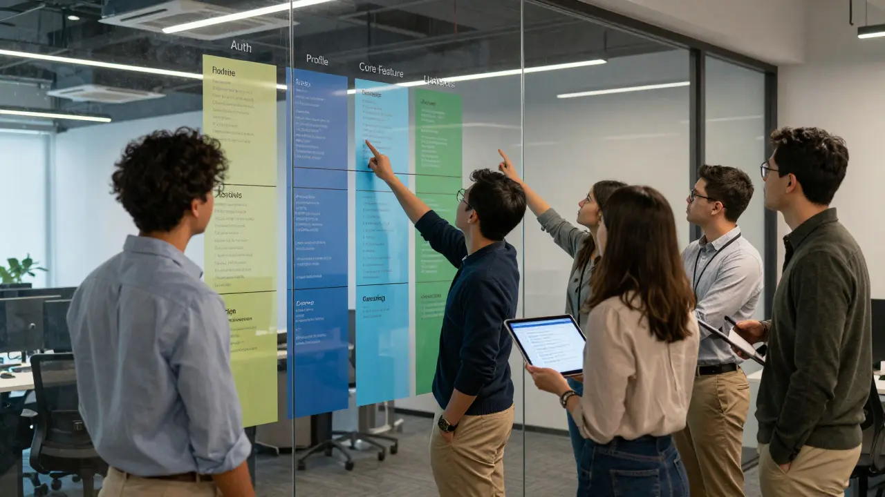 Team reviewing vertical slice roadmap on glass wall