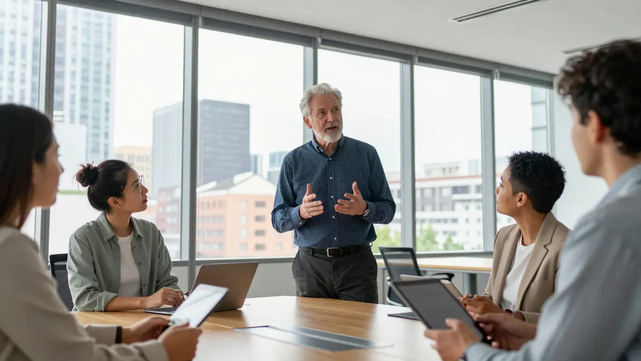 Tech leader guiding team in strategic discussion