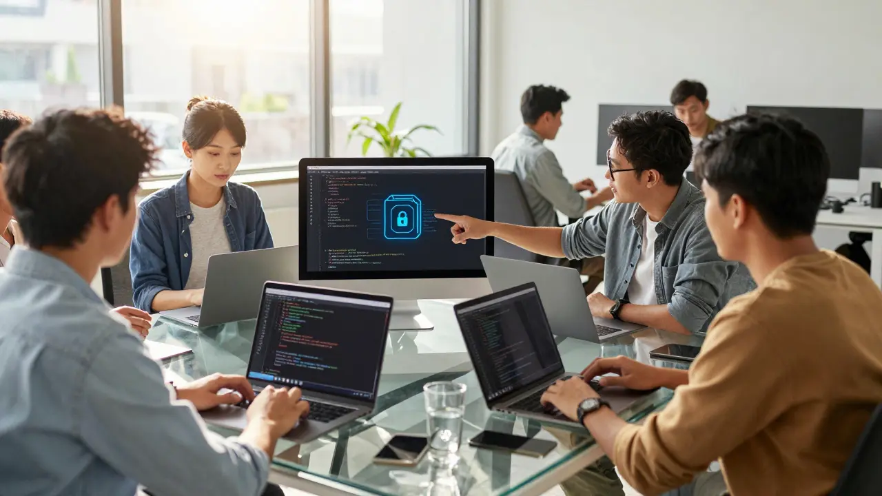 Tech team collaborating in a modern office with secure, sandboxed development tools