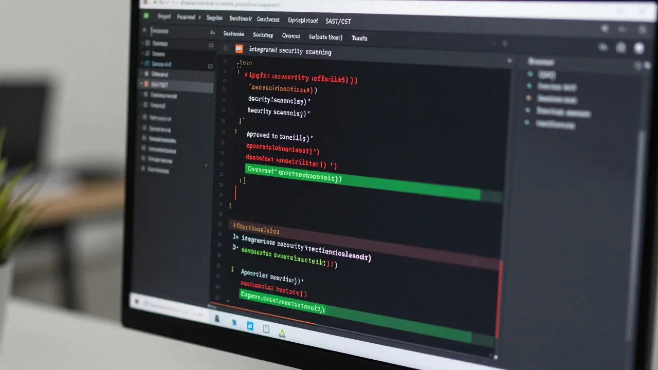 A detailed hyperrealistic close-up of a computer screen showing automated security scans and CI/CD pipeline enforcement for AI-generated code, highlighting technical compliance measures.