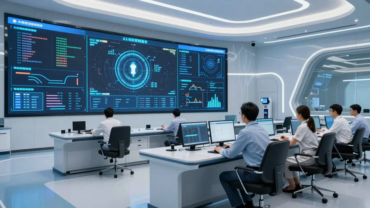 A hyperrealistic depiction of a governance control room where human reviewers oversee AI agent decisions in real-time, illustrating the human-in-the-loop approach to risk management.