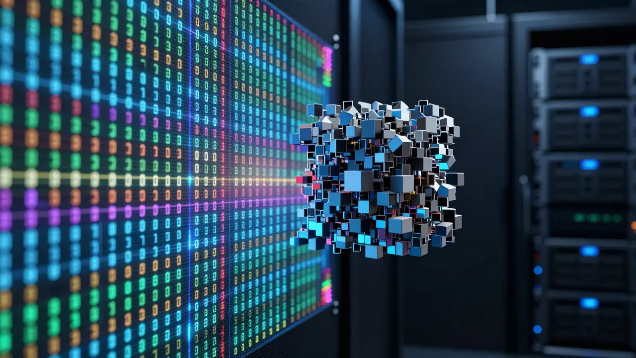 Abstract data grid compressing into a core, representing latent space.