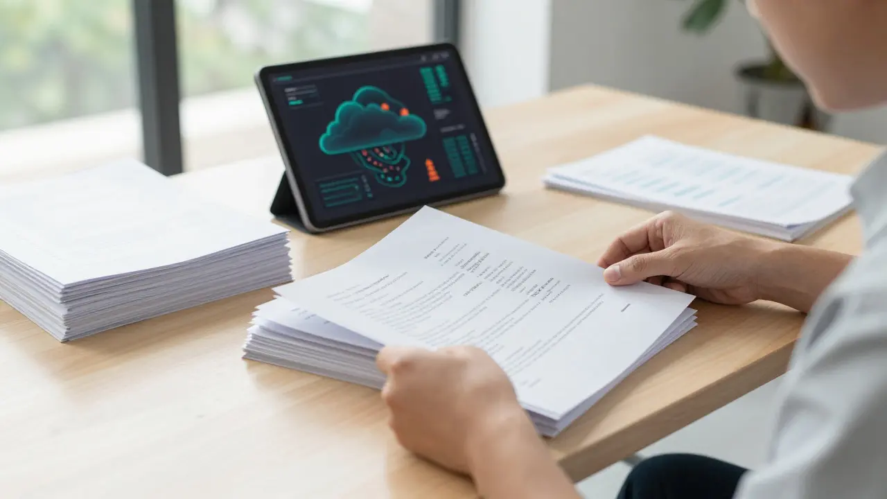Analyst organizing physical files and digital data vectors on a bright office desk