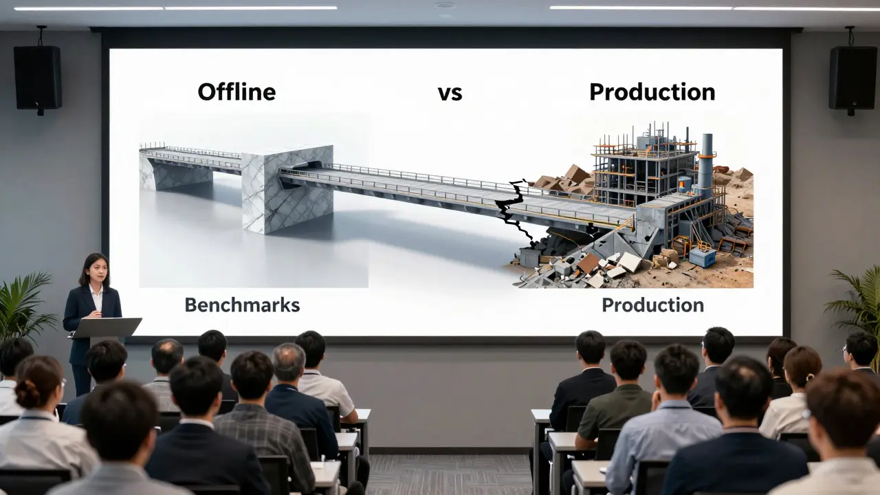 Boardroom presentation visualizing the gap between benchmarks and reality