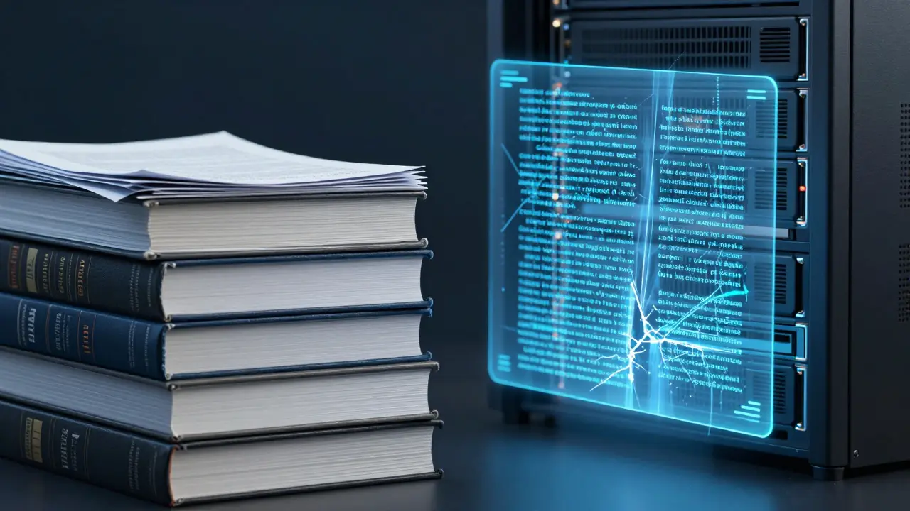 Books vs holographic data stream symbolizing AI accuracy check