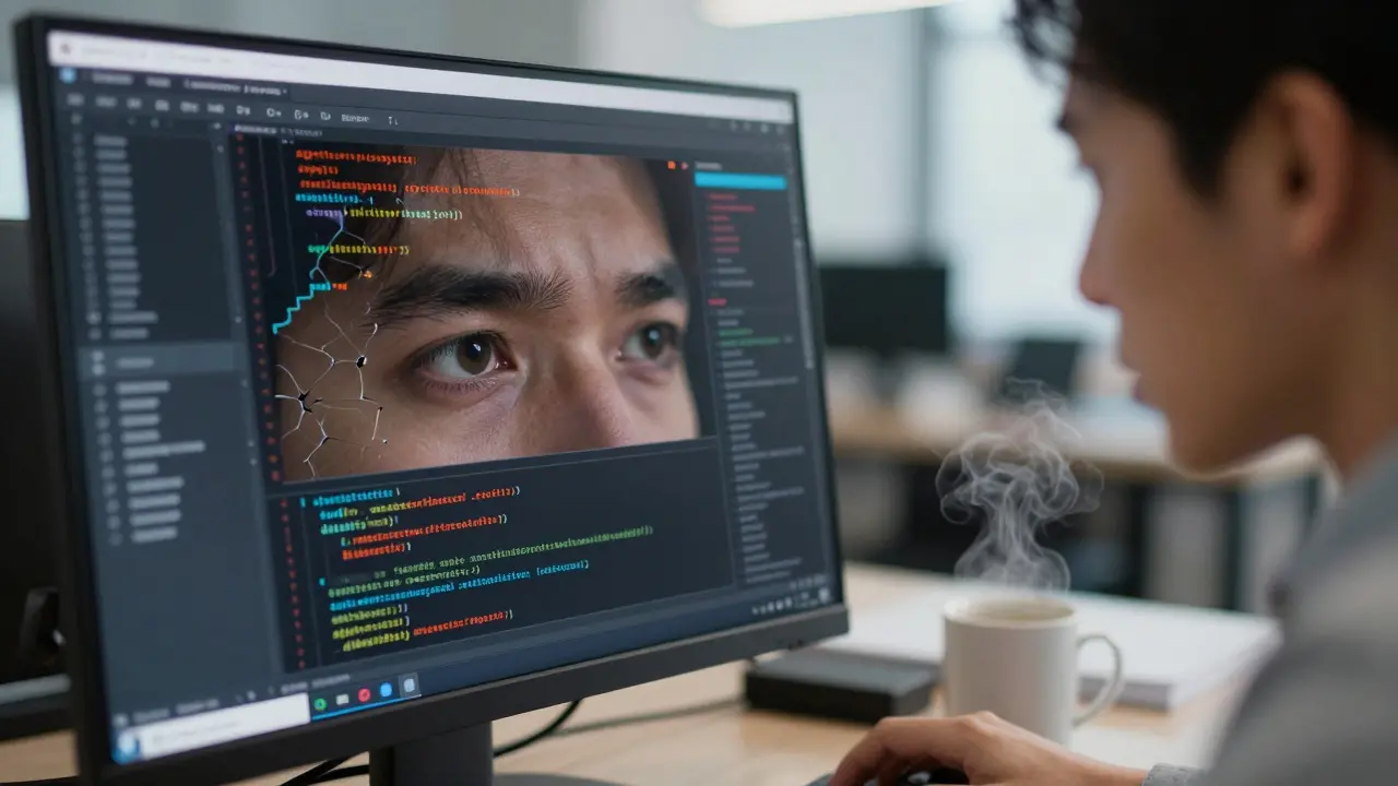 Close-up of engineer's eyes reflecting code analysis and security gaps