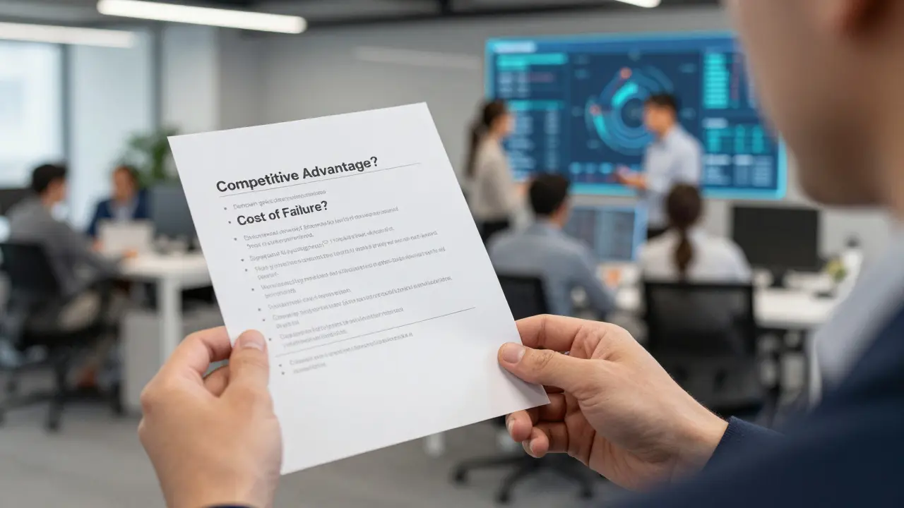 Close up of hands holding a strategic checklist for AI adoption in a modern office