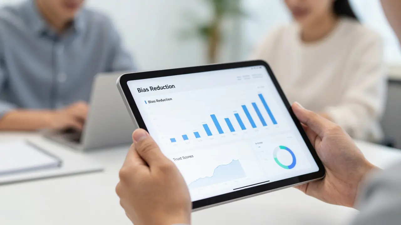 Close-up of hands holding a tablet showing AI bias reduction metrics in an office.