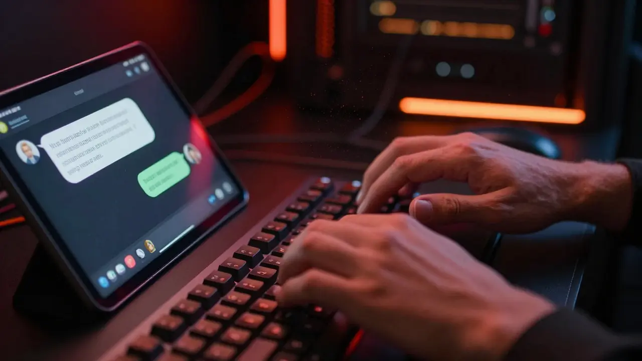Close-up of hands typing during manual AI red teaming exercise
