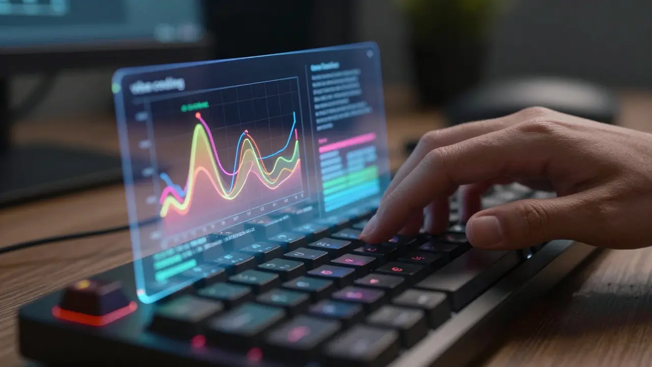 Close-up of hands typing with holographic OpenTelemetry data visualization overlay