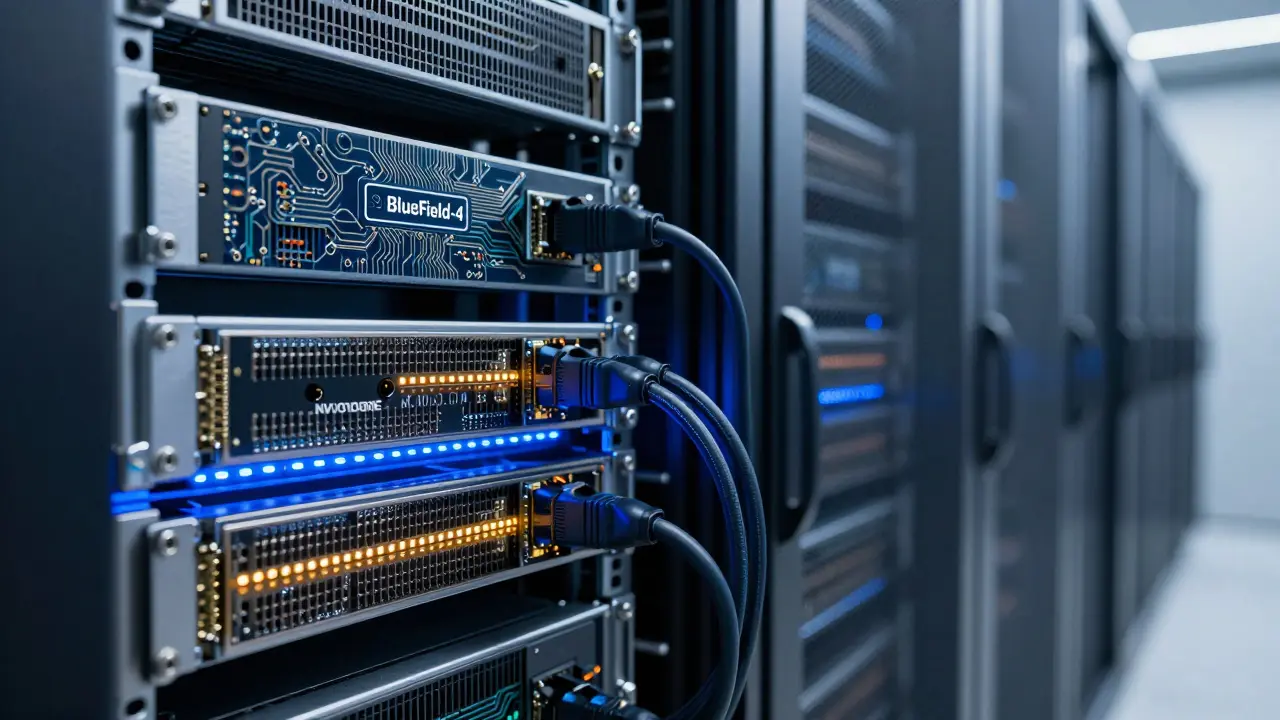 Close-up of server hardware with glowing NVMe drives and DPUs