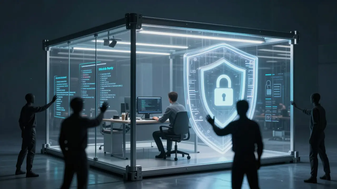 Conceptual art of a secure code repository protected from external data collectors