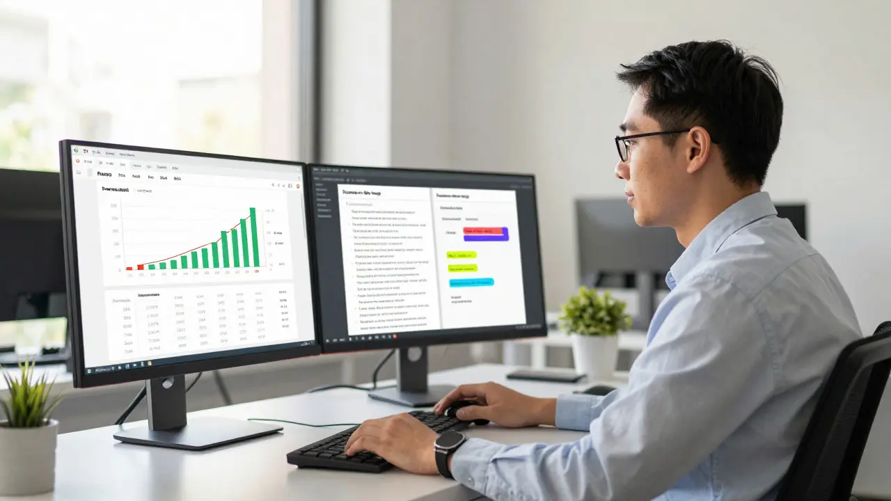 Data scientist reviewing AI extraction accuracy metrics and labeled text on dual monitors.