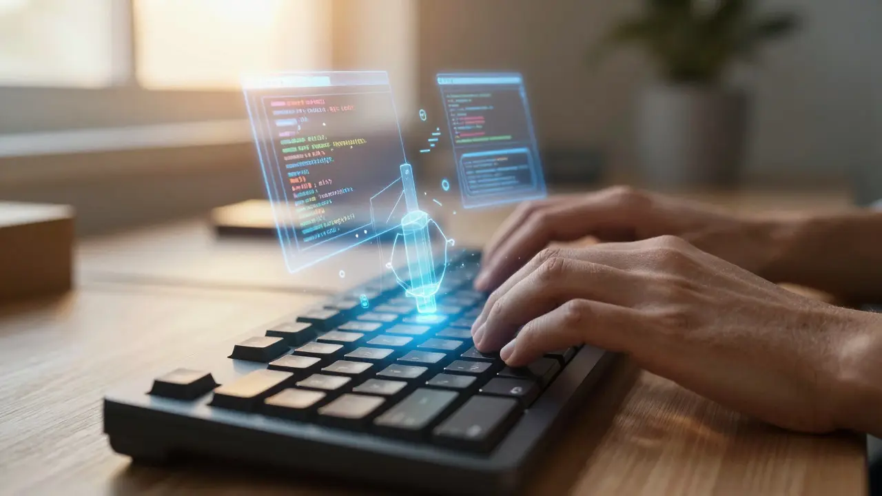 Developer manipulating floating holographic code structures with gestures