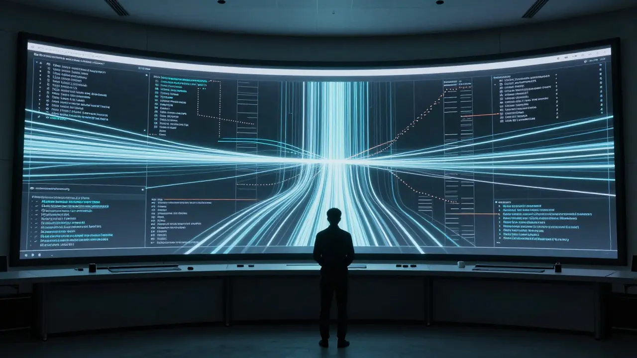 Developer monitoring a holographic data flow visualization in a high-tech control room