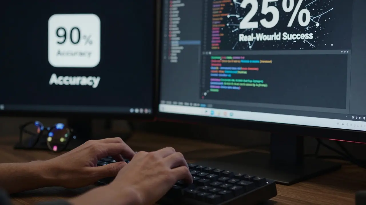 Developer working on messy code with screen showing performance drop