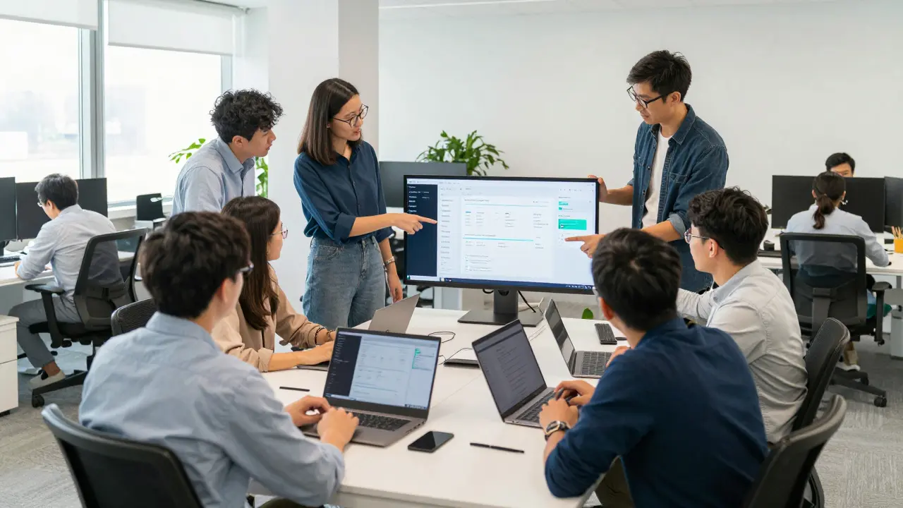 Diverse team collaborating on AI-generated app prototypes in a bright office