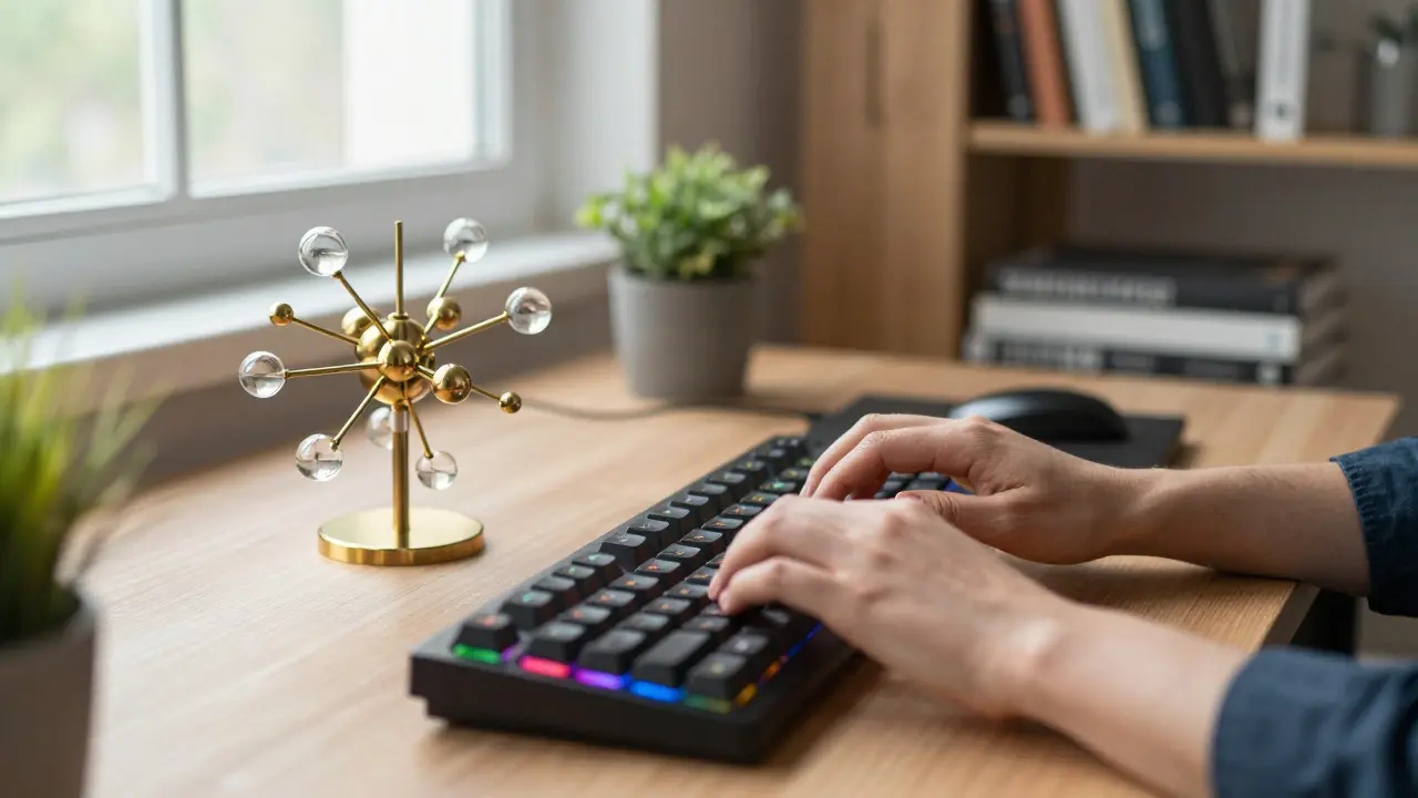 Engineer's hands on a keyboard with a brass neural network model on the desk
