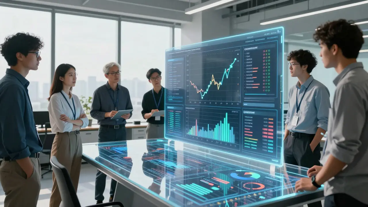 Engineers analyzing AI memory metrics on a holographic display