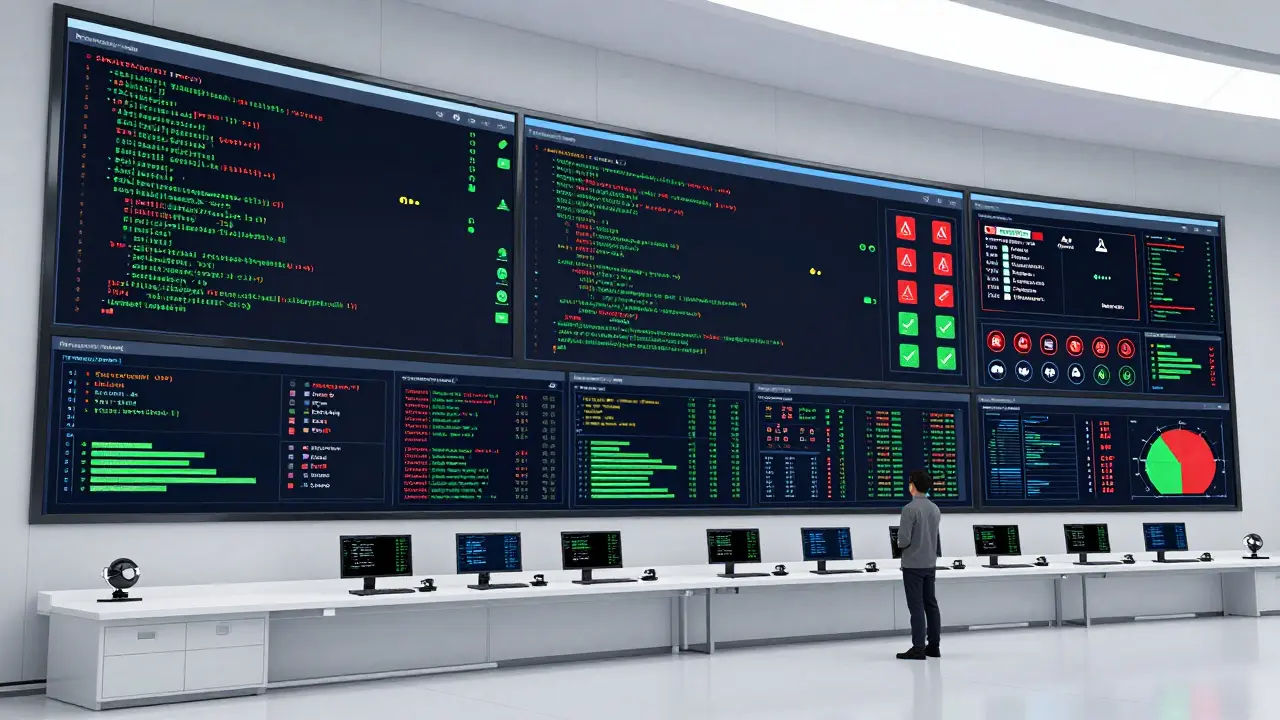 Futuristic dashboard showing automated AI security testing pipelines