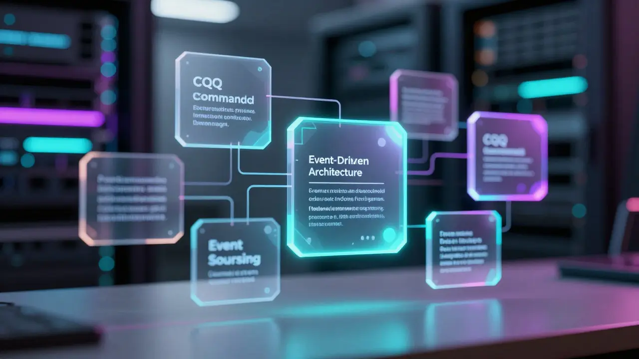 Glowing geometric shapes representing CQRS and event sourcing patterns