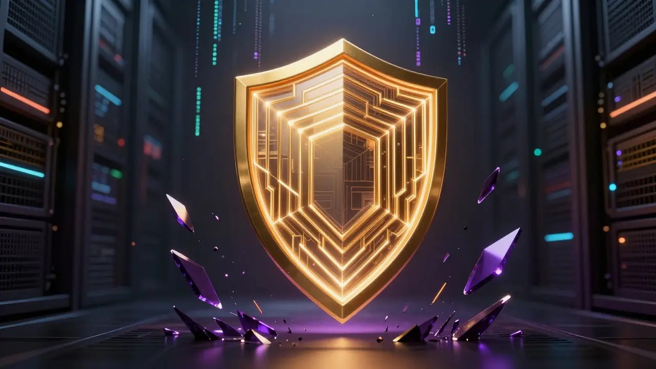 Golden layered shield blocking dark digital attack vectors in server room