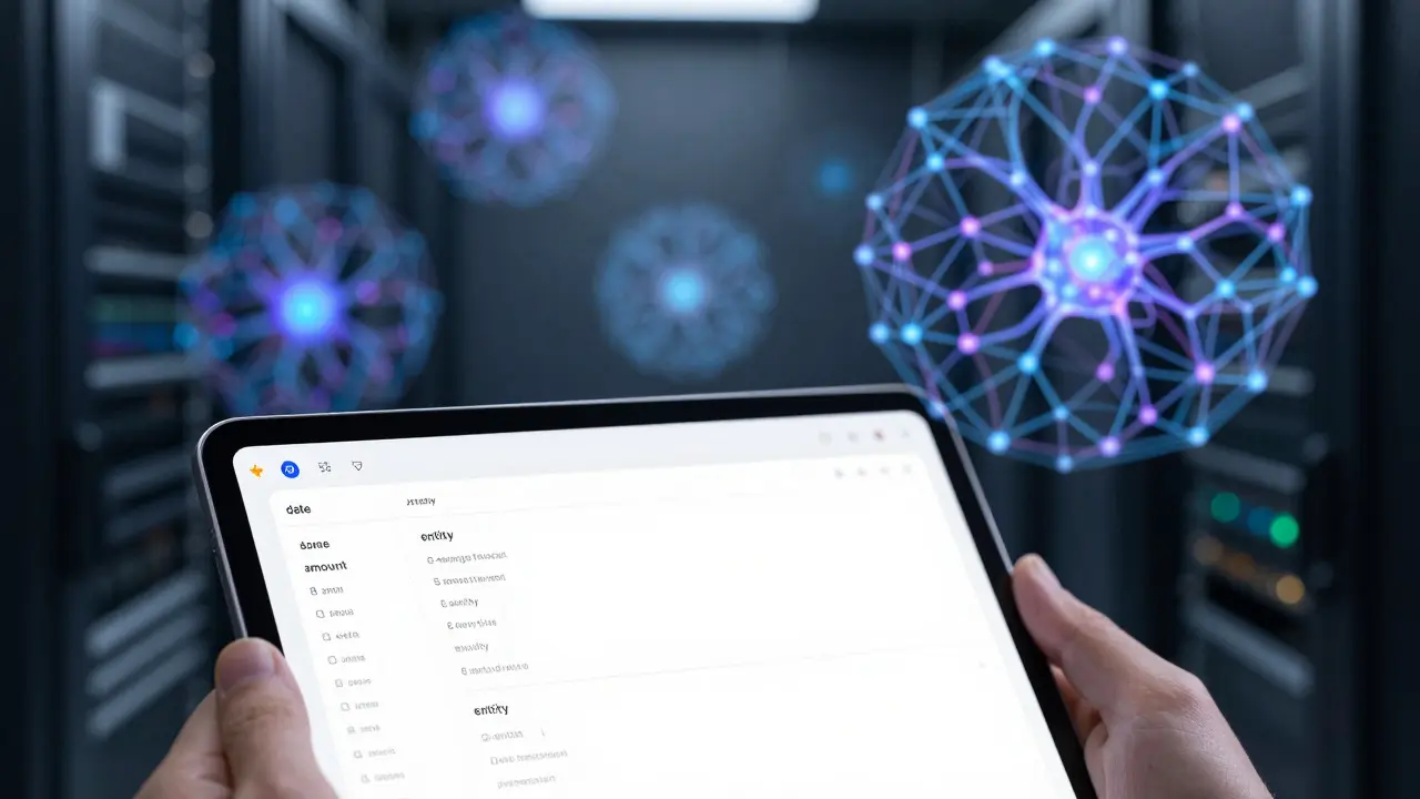 Hand holding tablet with structured JSON data, backed by glowing AI neural network graphics.