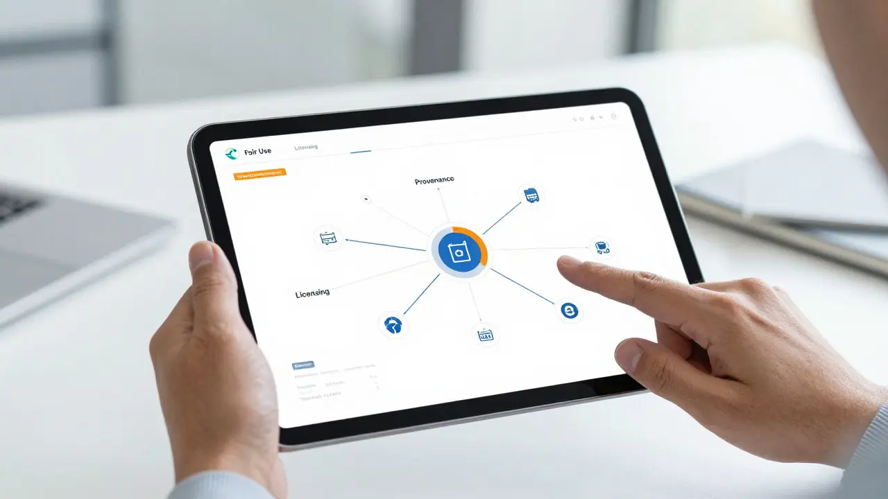 Hands holding tablet showing data provenance and licensing visualization