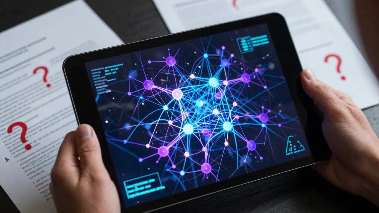 Hands holding tablet showing neural networks and messy data papers