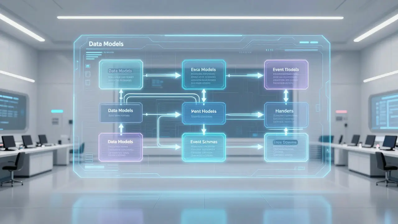 Holographic interface displaying structured modular workflow steps
