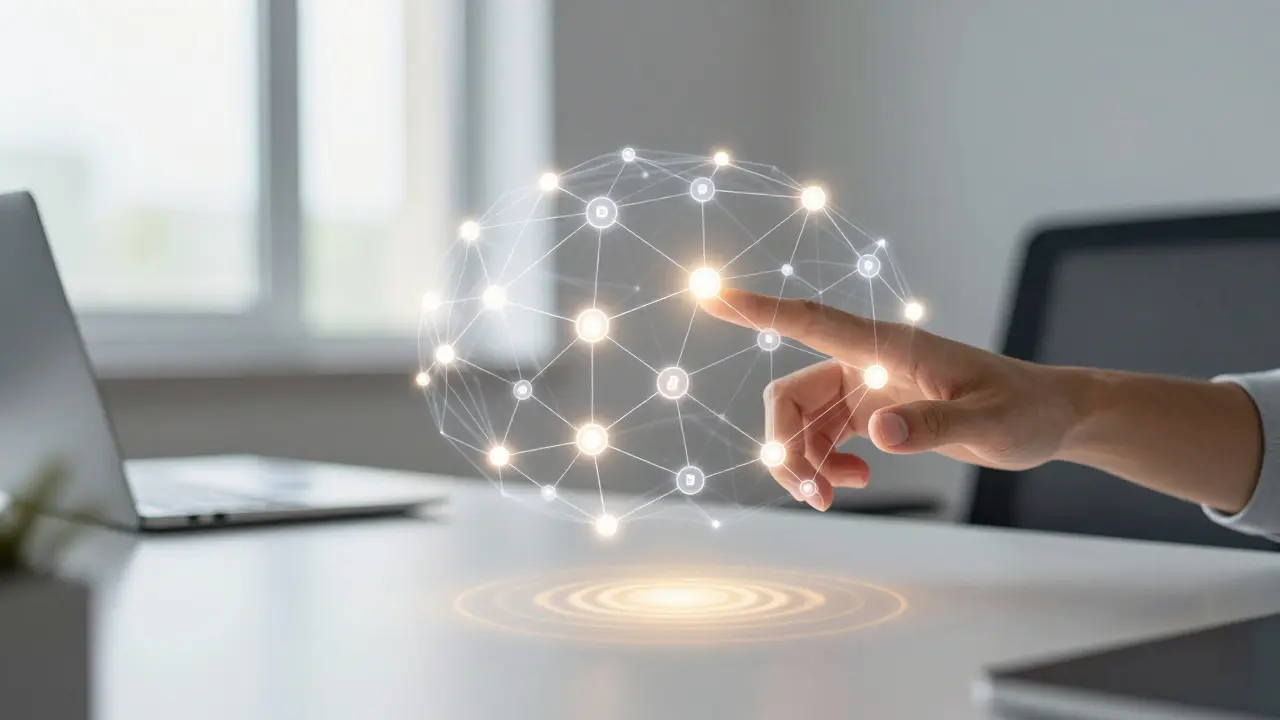 Holographic neural network floating above a desk with human interaction