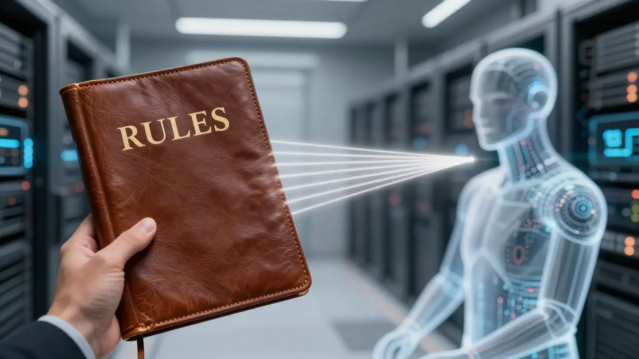 Human hand holding a rulebook blocking AI light, showing constitutional architecture