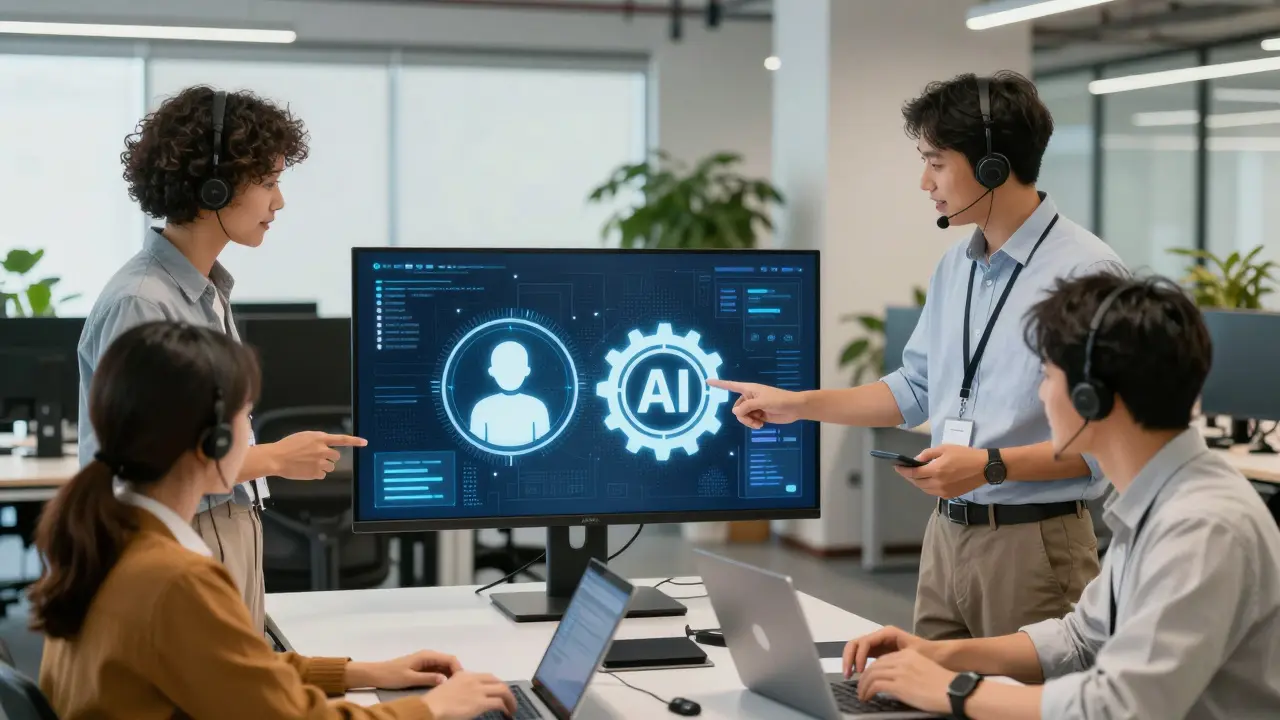 IT team collaborating around a smart table showing human-AI workflow integration