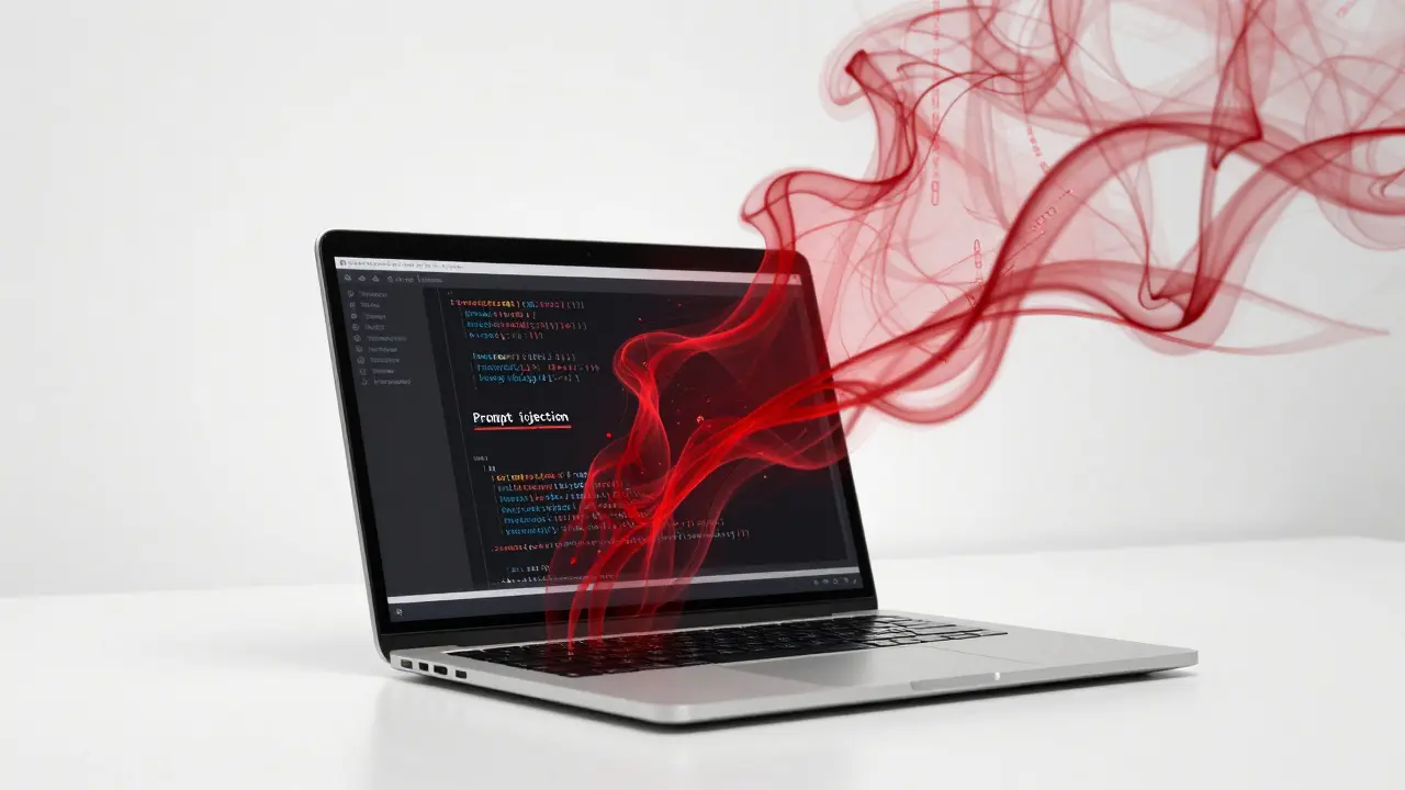 Laptop screen emitting red glitchy tendrils symbolizing prompt injection