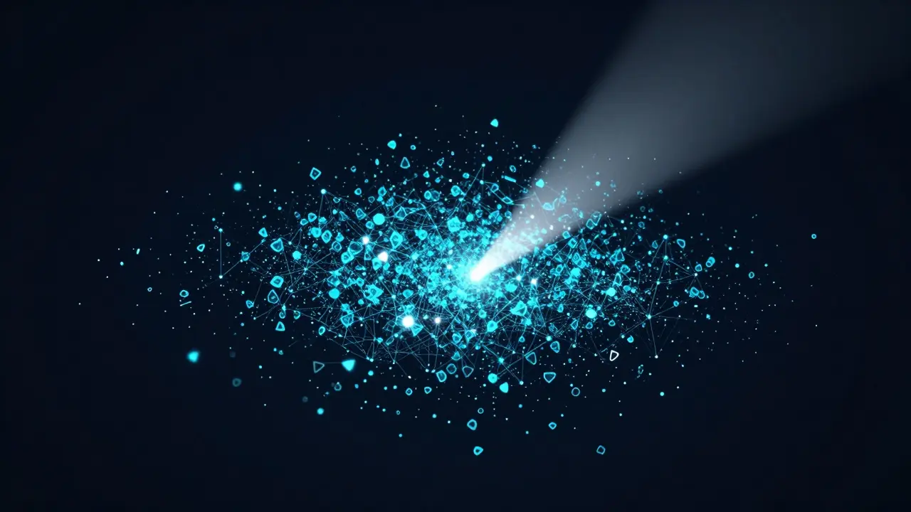 Luminous geometric shards in a dark void being scanned by a beam of light