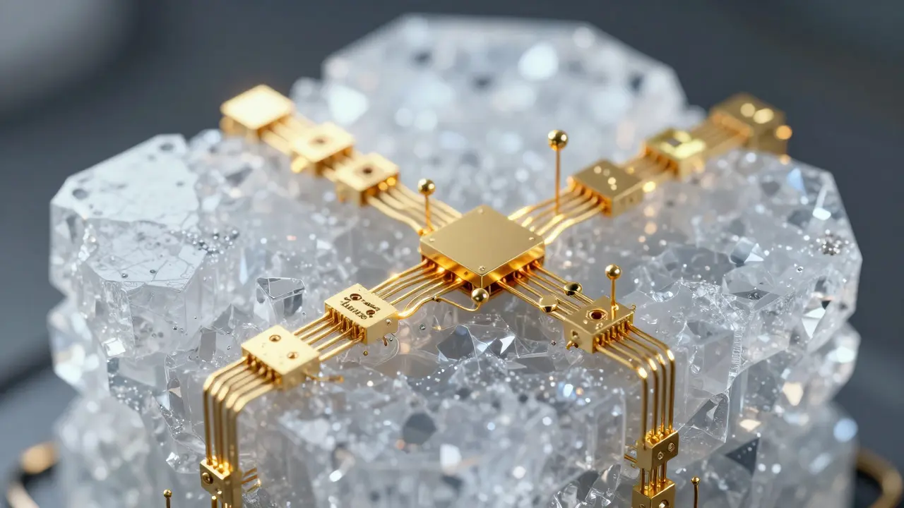 Macro view of frozen crystal base model with glowing adapter modules