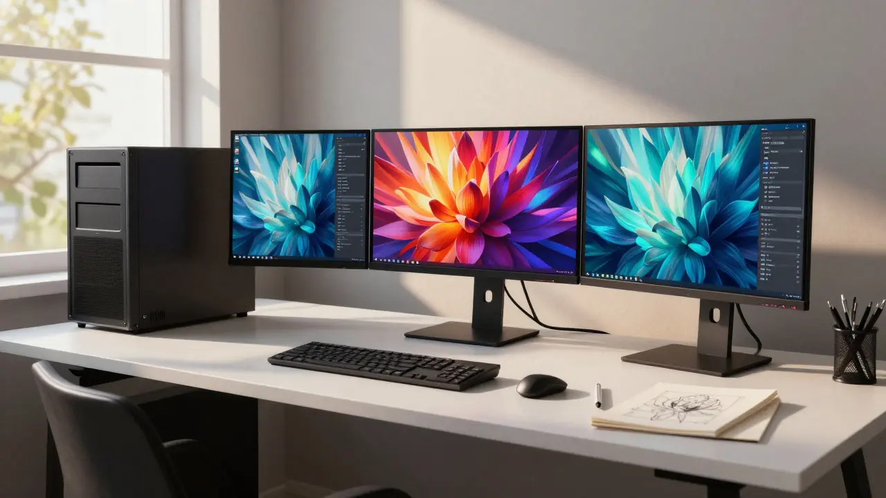 Modern workspace with AI art on monitors, symbolizing accessible tech.