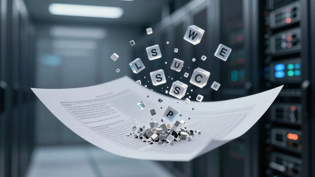 Paper document dissolving into floating geometric cubes representing tokenization