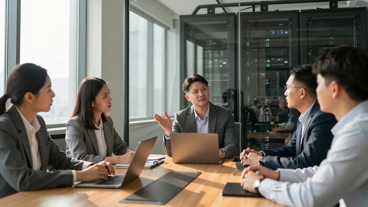 Professionals discussing AI transparency with a server room visible behind glass