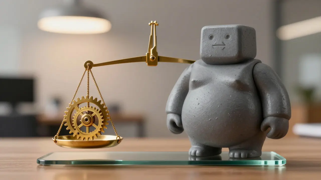 Scale balancing small golden gear against large grey block for efficiency