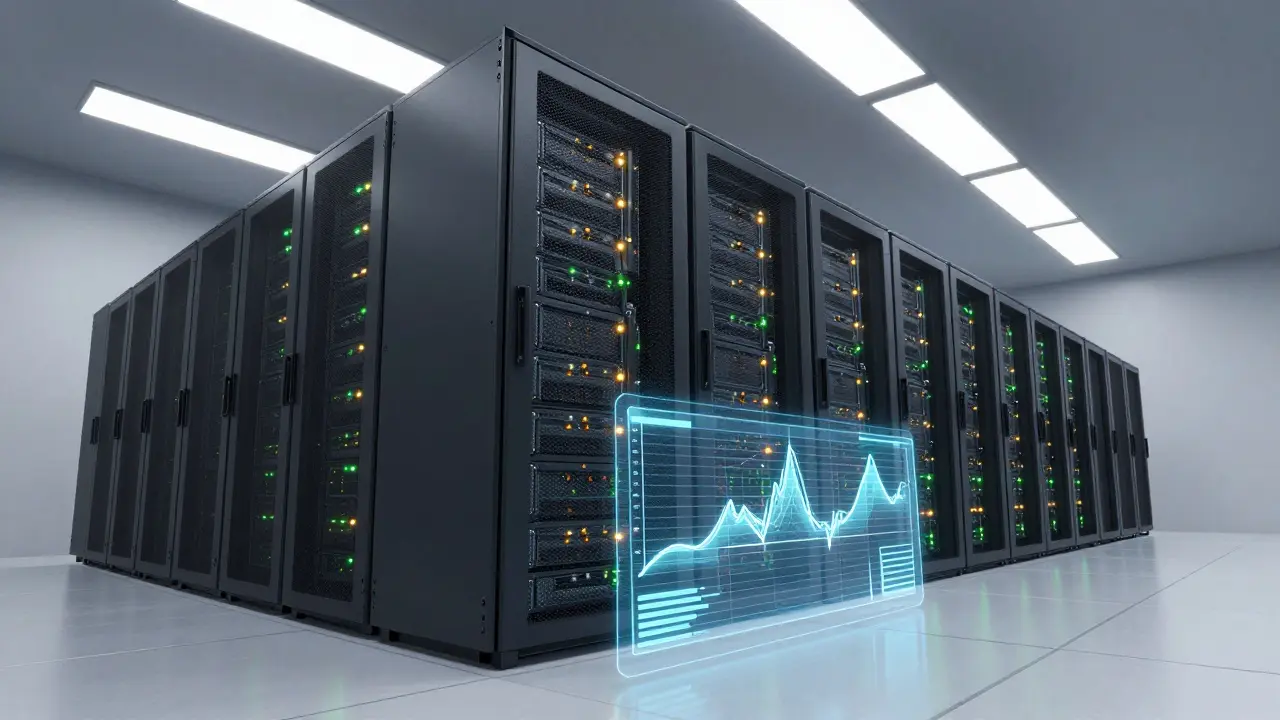 Server room aisle with holographic stable performance metrics overlay