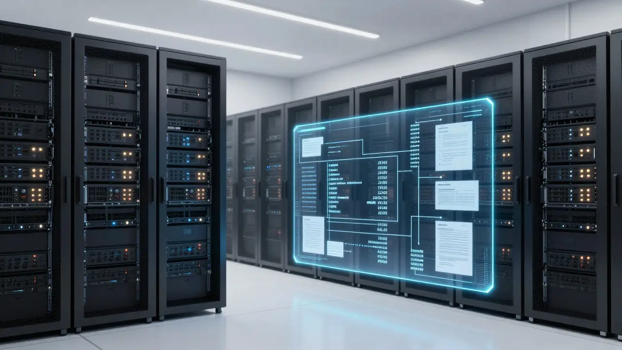 Server room with holographic JSON data extraction stream