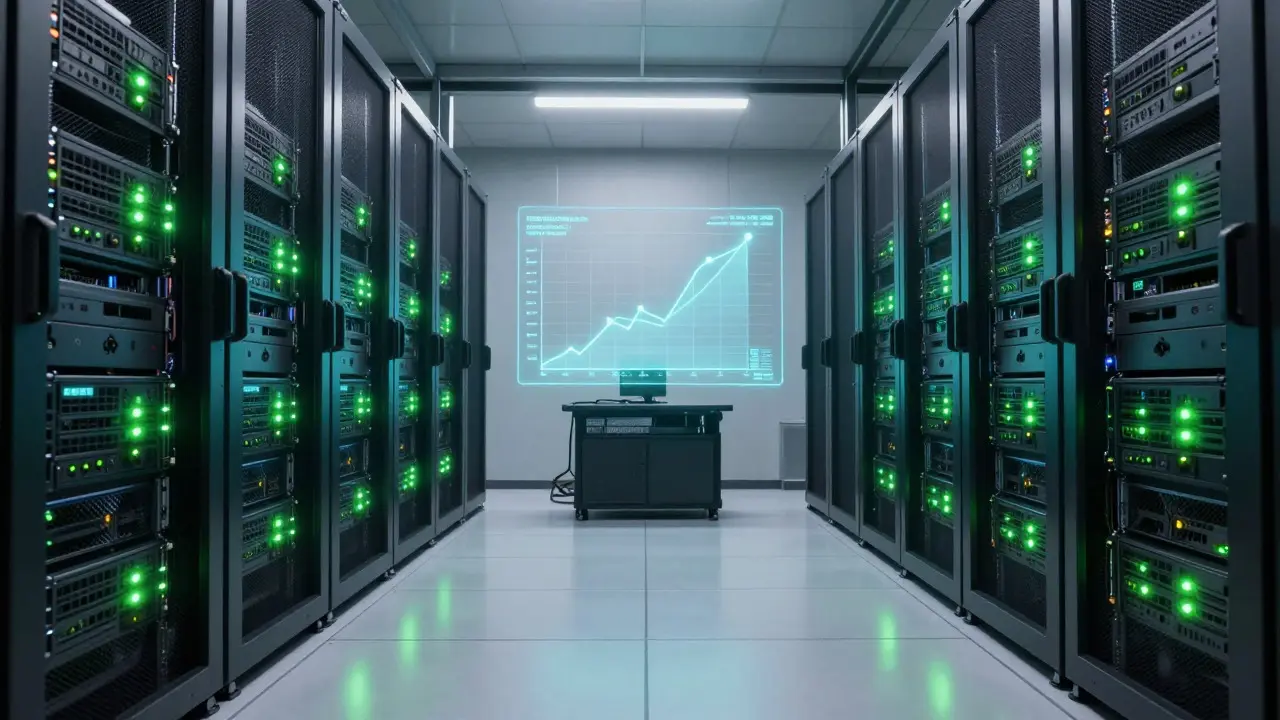 Server room with racks of GPUs and a holographic throughput graph