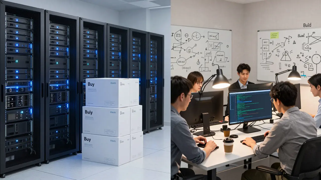 Split view contrasting orderly commercial servers with chaotic custom AI development workspace