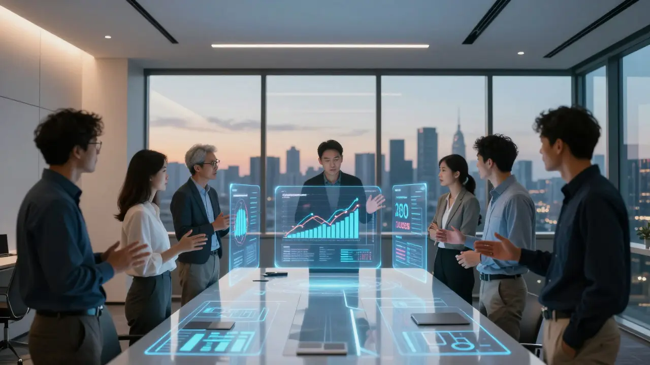 Team analyzing holographic metrics in modern conference room at dusk