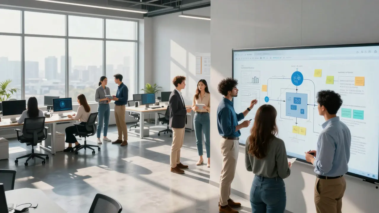 Team collaborating on a digital whiteboard in a sunlit, modern workspace.